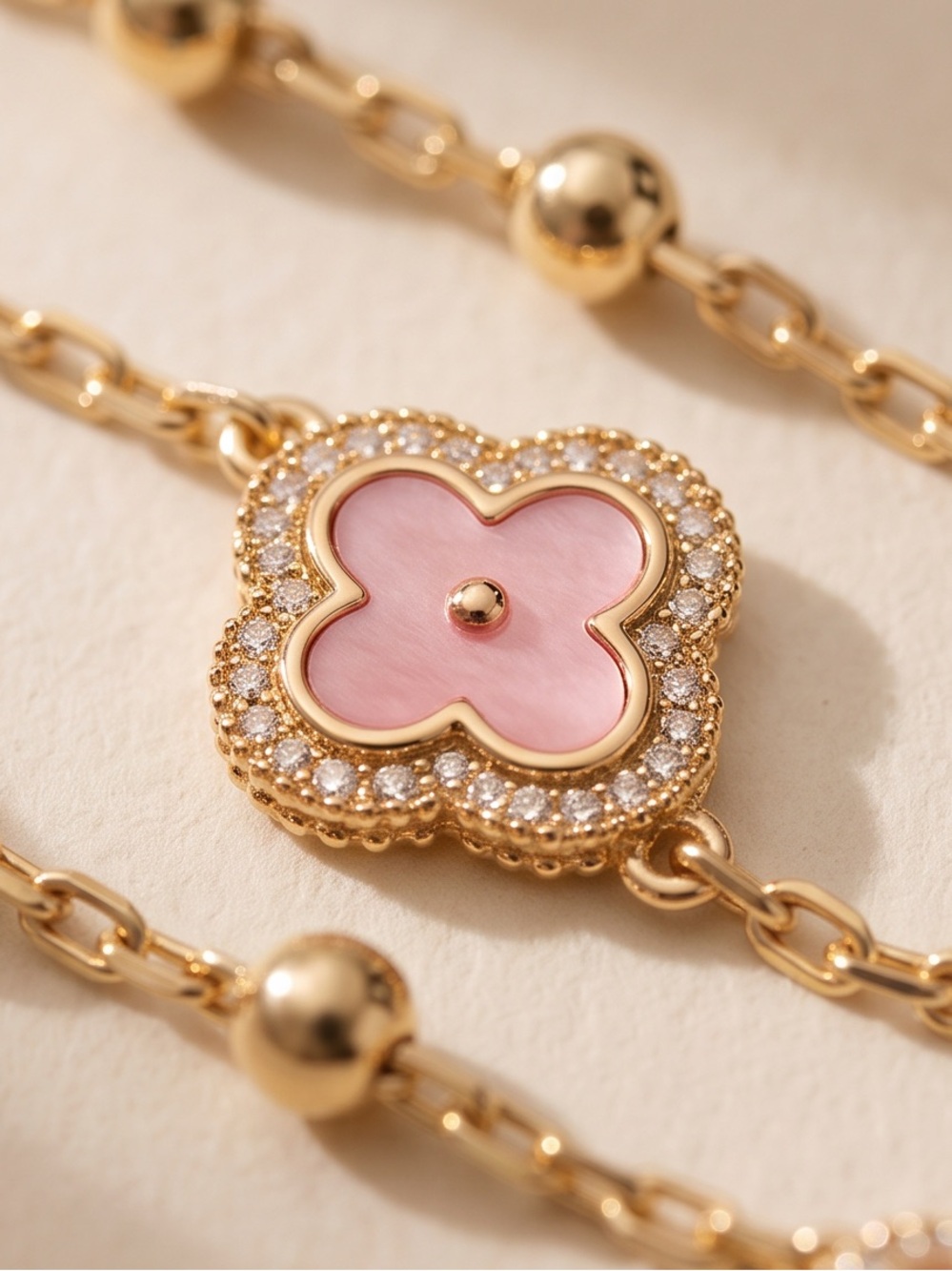 Pink Double Strand Gold Plated Bracelet (8 Inches)